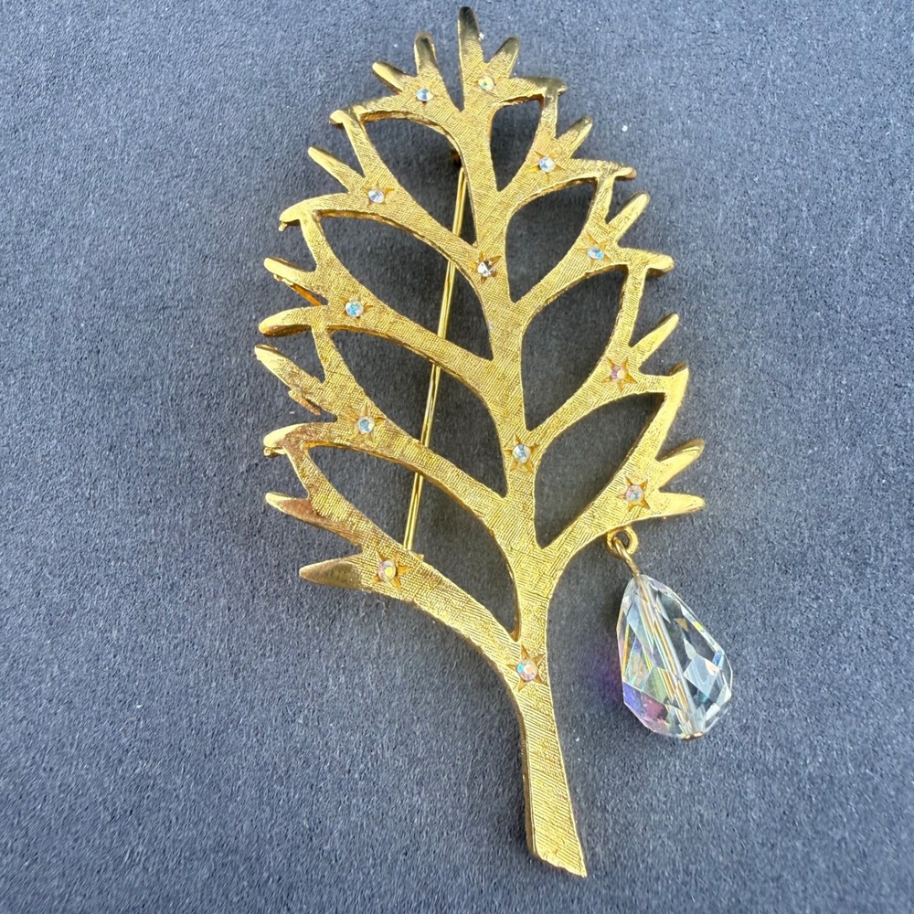 Vintage Signed MYLU Christmas Tree Brooch 1960s Florentine AB Crystal Dangle